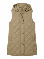 Khaki hooded mid-length quilted vest
