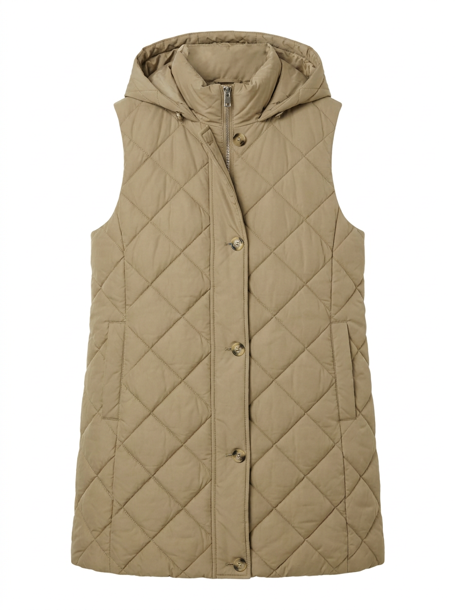 Khaki hooded mid-length quilted vest