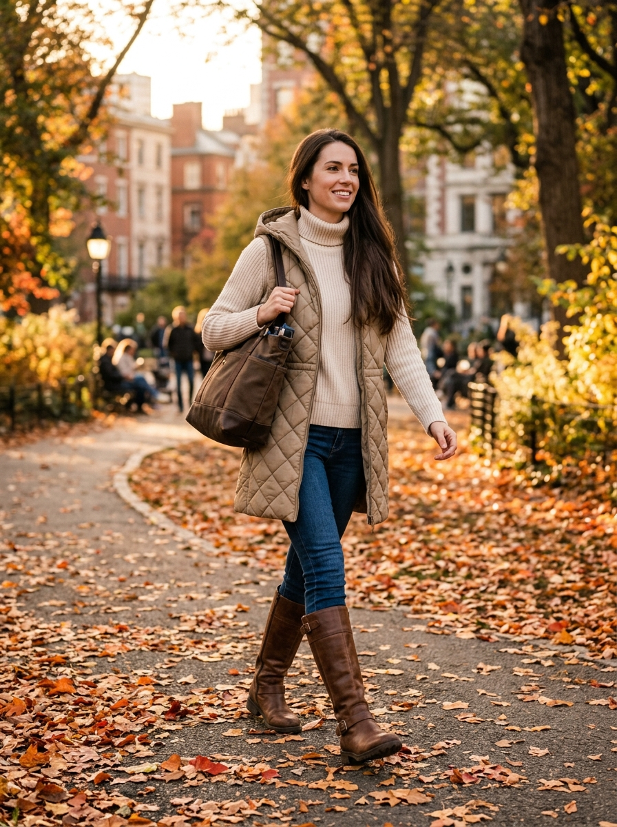 Khaki quilted vest worn with a turtleneck and dark jeans