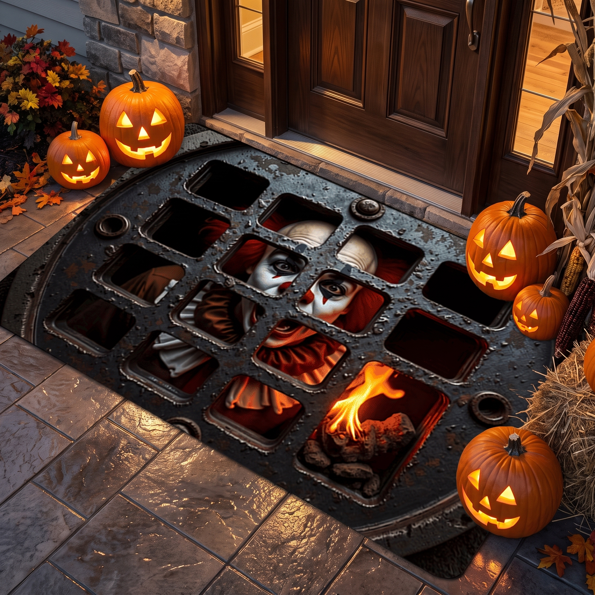 Horror eyes doormat in front of a decorated Halloween door