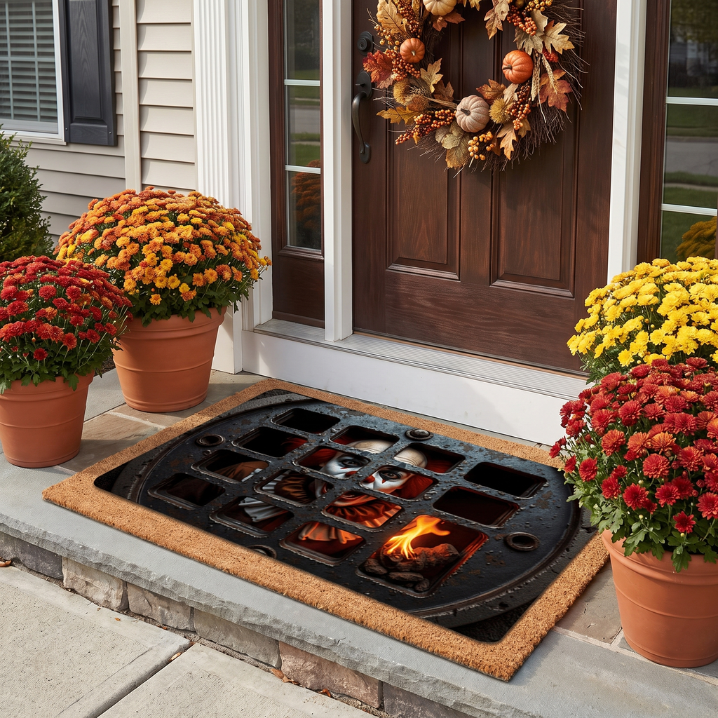 Horror-gaze doormat at a suburban front entrance with autumn decor