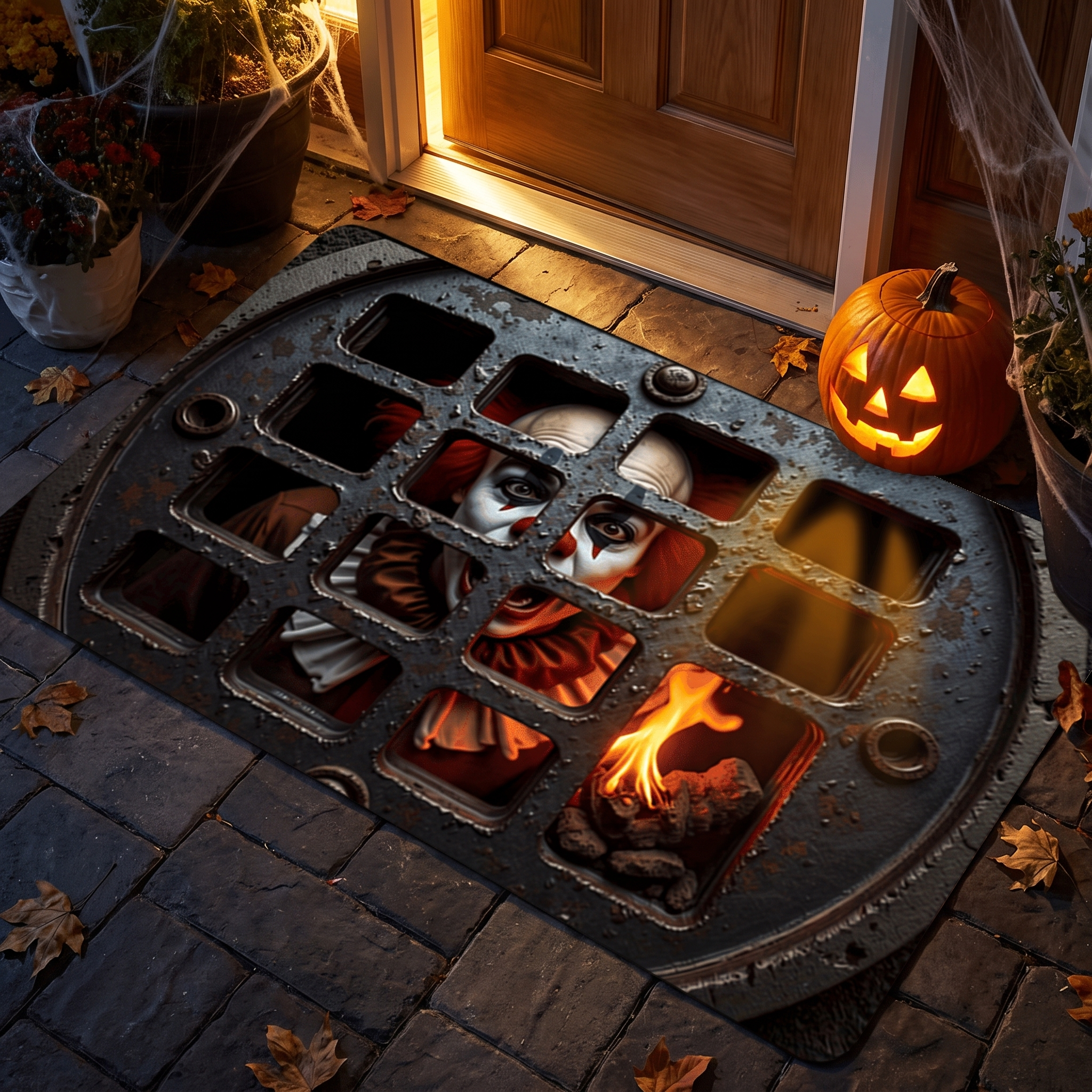Horror doormat by a front door at night beside a lit jack-o-lantern