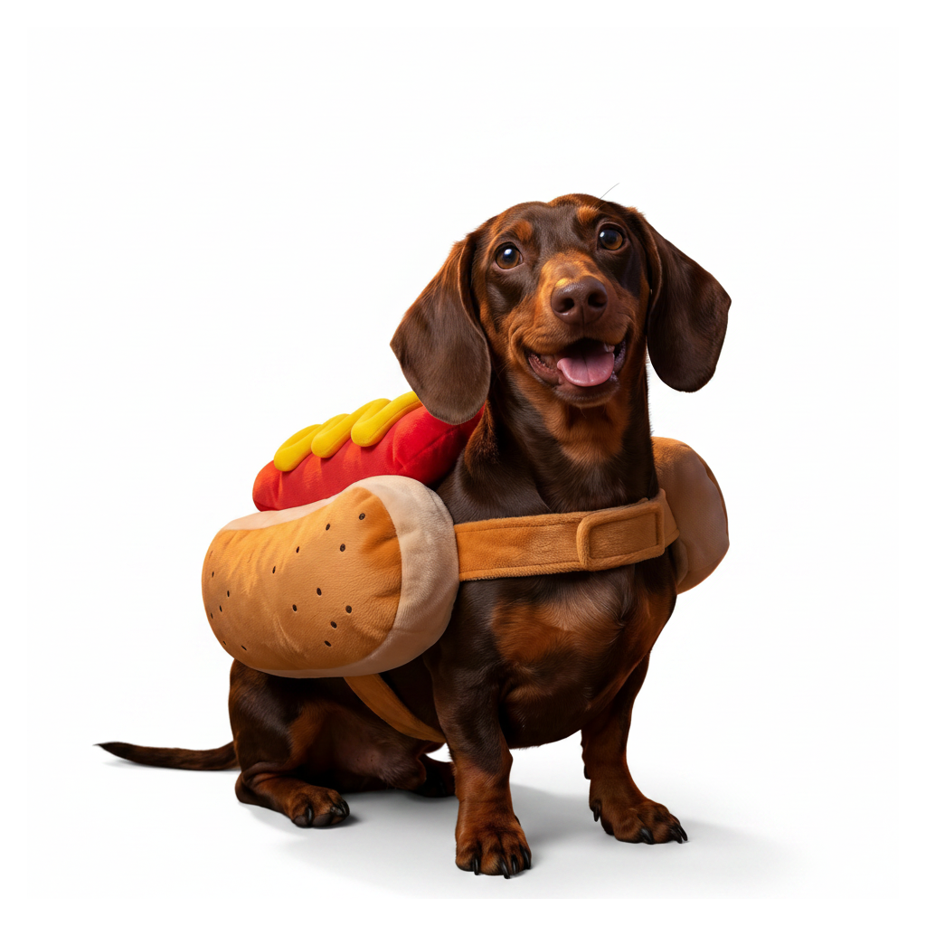 Hot dog pet costume on a white background