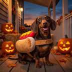 Dog wearing a plush hot dog costume at Halloween