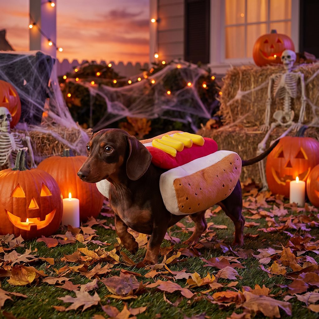 Dog wearing a hot dog costume in a Halloween yard