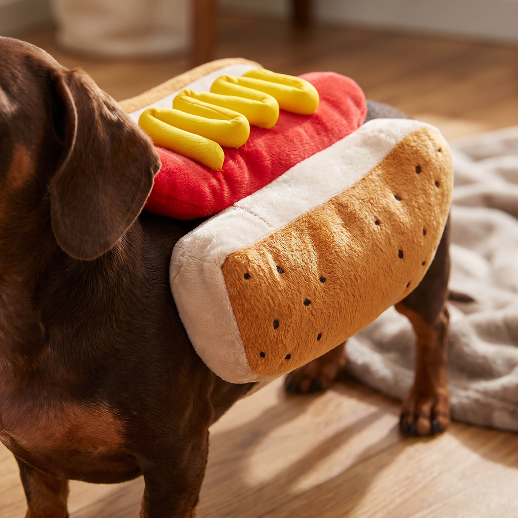 Close up of the plush hot dog pet costume