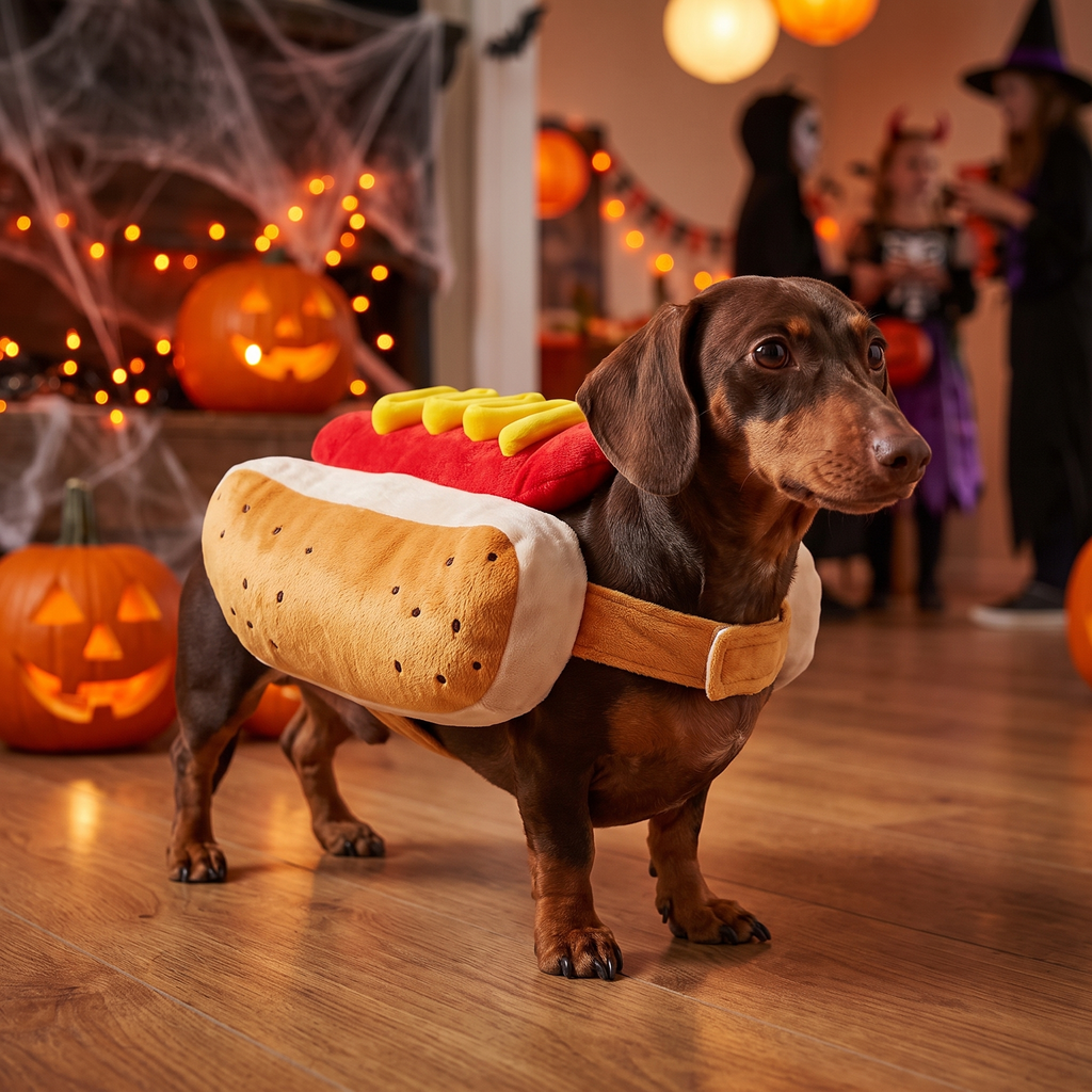 Dog in a hot dog costume at a Halloween party
