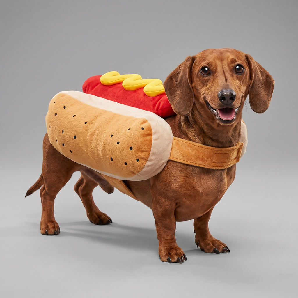 Plush hot dog pet costume shown on a happy dog