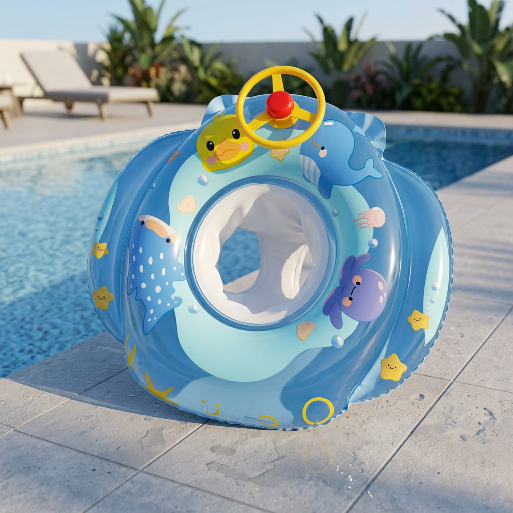 Brightly coloured inflatable swim ring with a built-in seat resting on a poolside edge