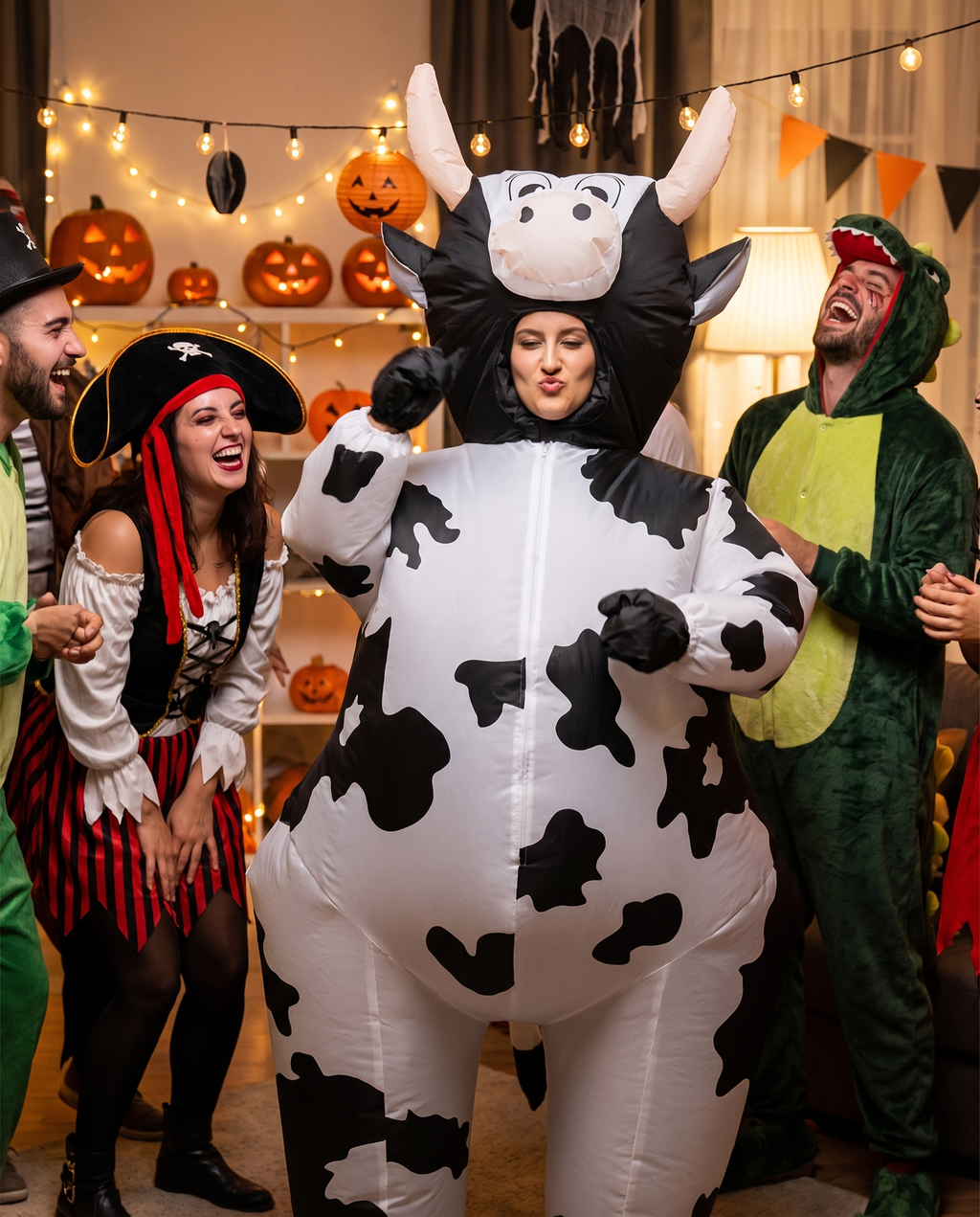 Person wearing the inflatable cow costume at a Halloween party