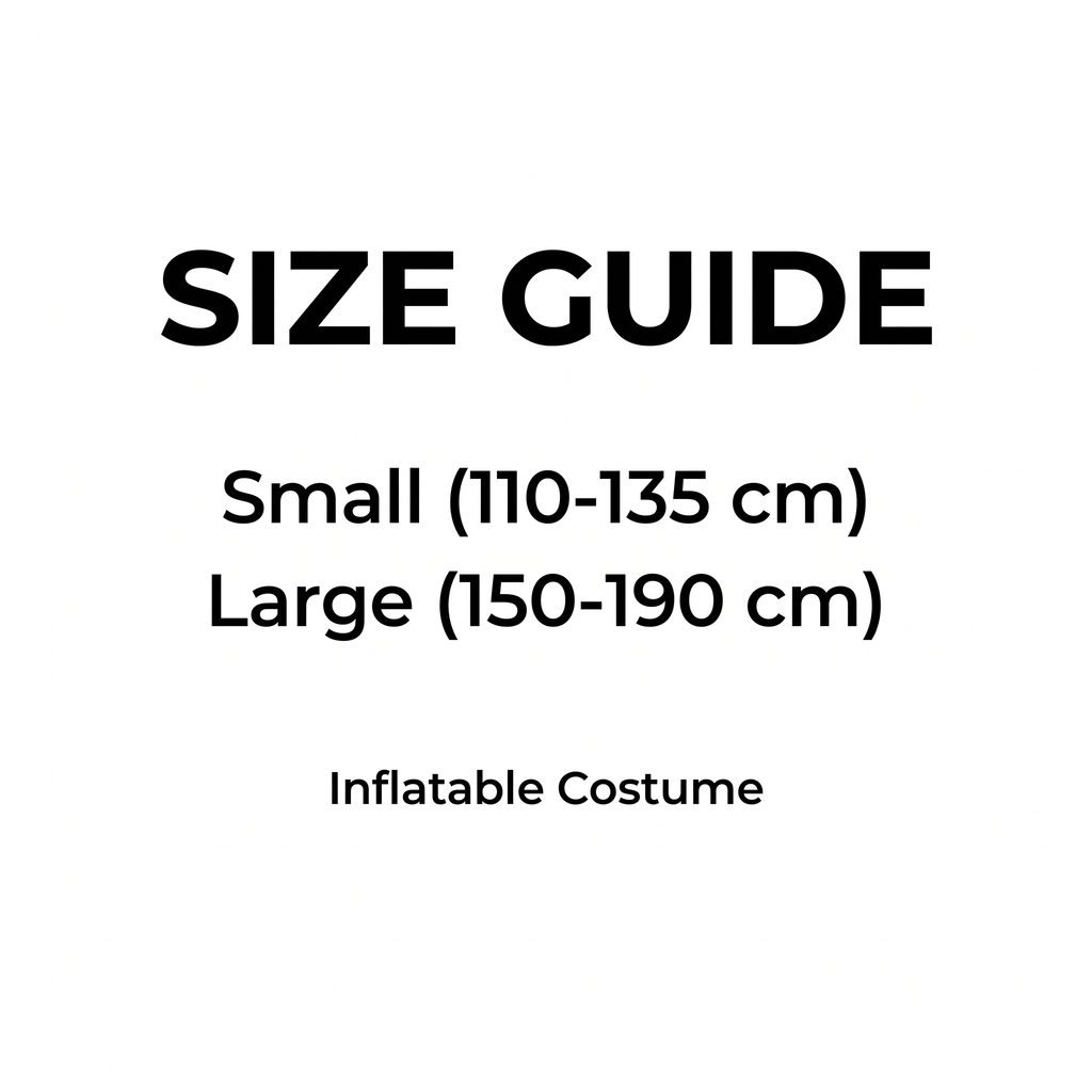 Inflatable cow costume size guide, Small and Large