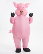 Adult wearing an inflatable pink pig costume, front view