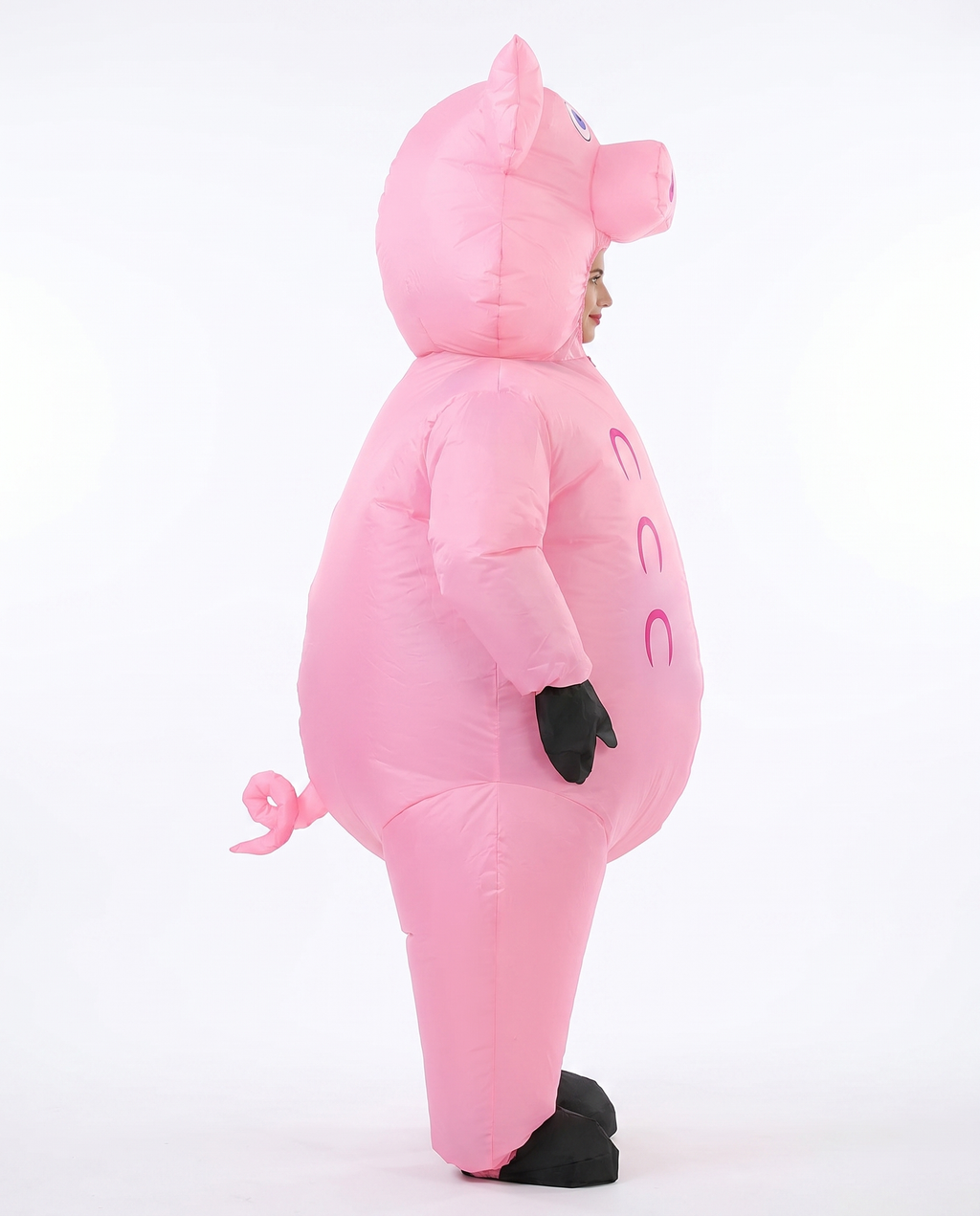 Inflatable pig costume side view with the curly tail