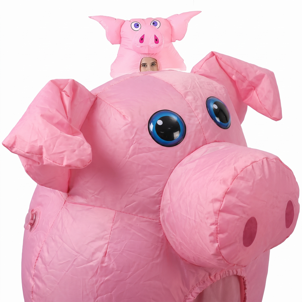 Inflatable pig costume head detail with ears, snout and eyes
