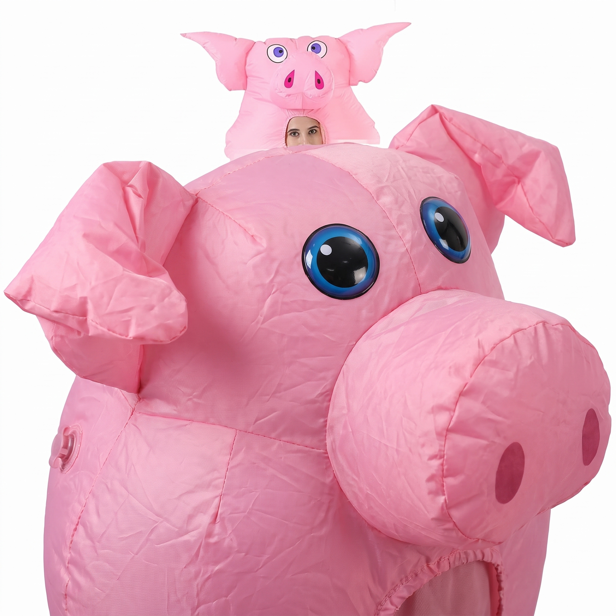 Inflatable pig costume head detail with ears, snout and eyes