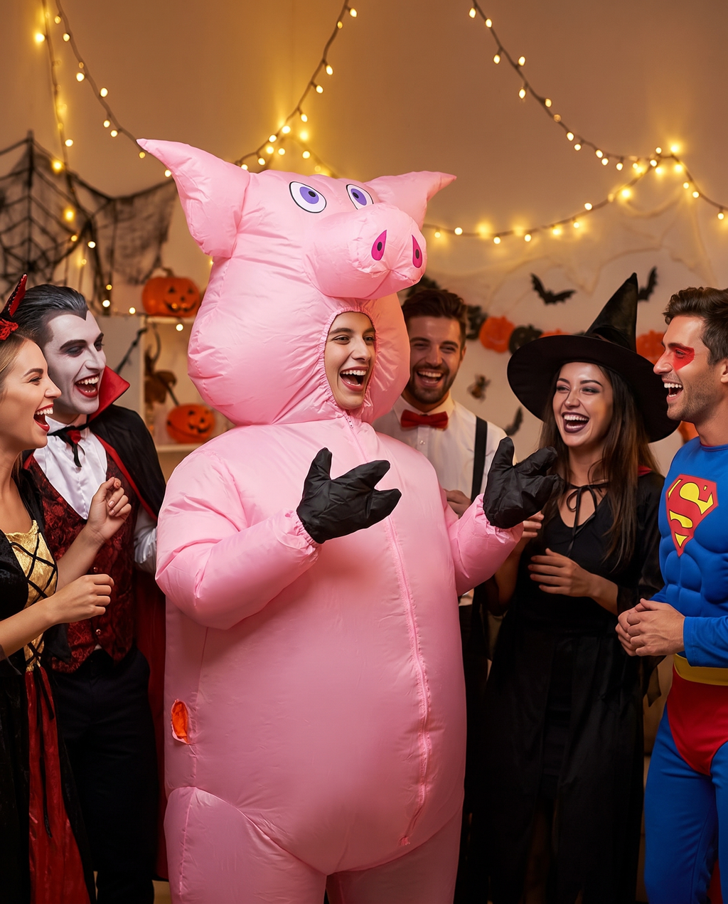 Person in an inflatable pig costume at a Halloween party