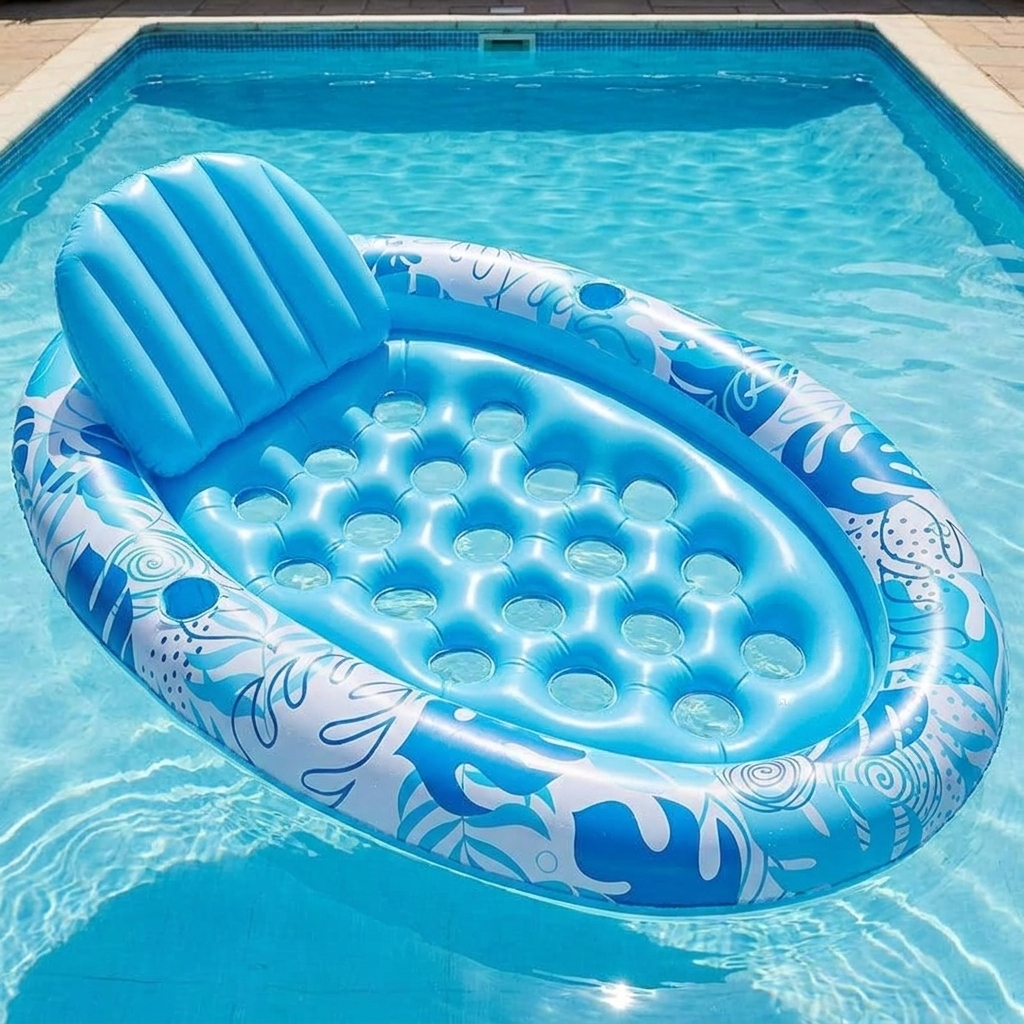 Inflatable pool lounger with raised head rest and cup holders floating on a swimming pool