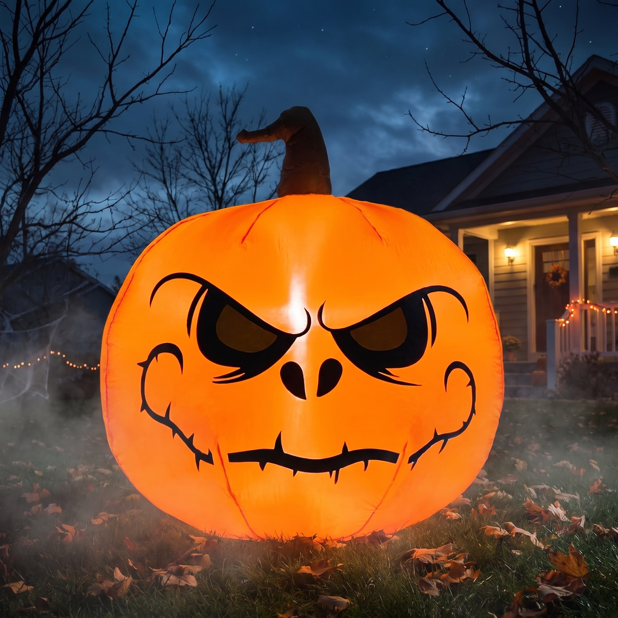 4 ft Halloween inflatable pumpkin glowing orange on a front lawn at night