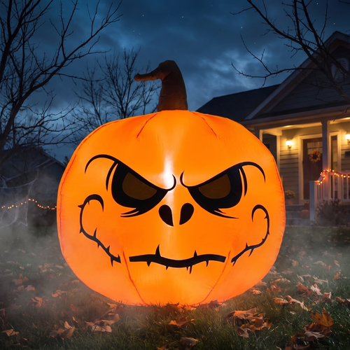 4 ft Halloween inflatable pumpkin glowing orange on a front lawn at night