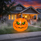 Light-up inflatable pumpkin lit in front of a house entryway after dark