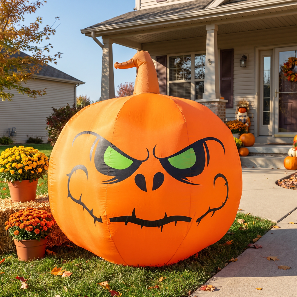 4 ft inflatable pumpkin shown full size beside a front porch walkway in daylight