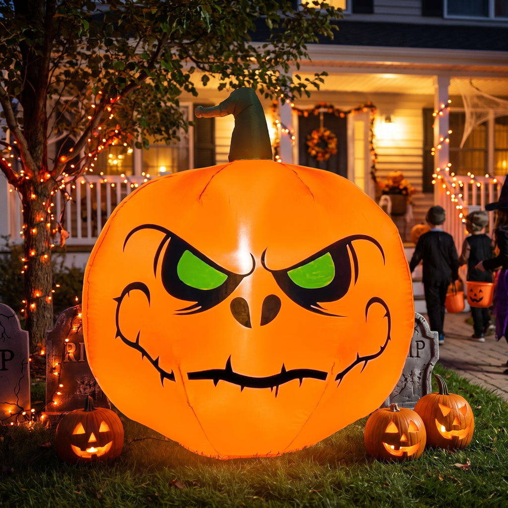 Inflatable jack-o-lantern glowing at night in a decorated Halloween front yard