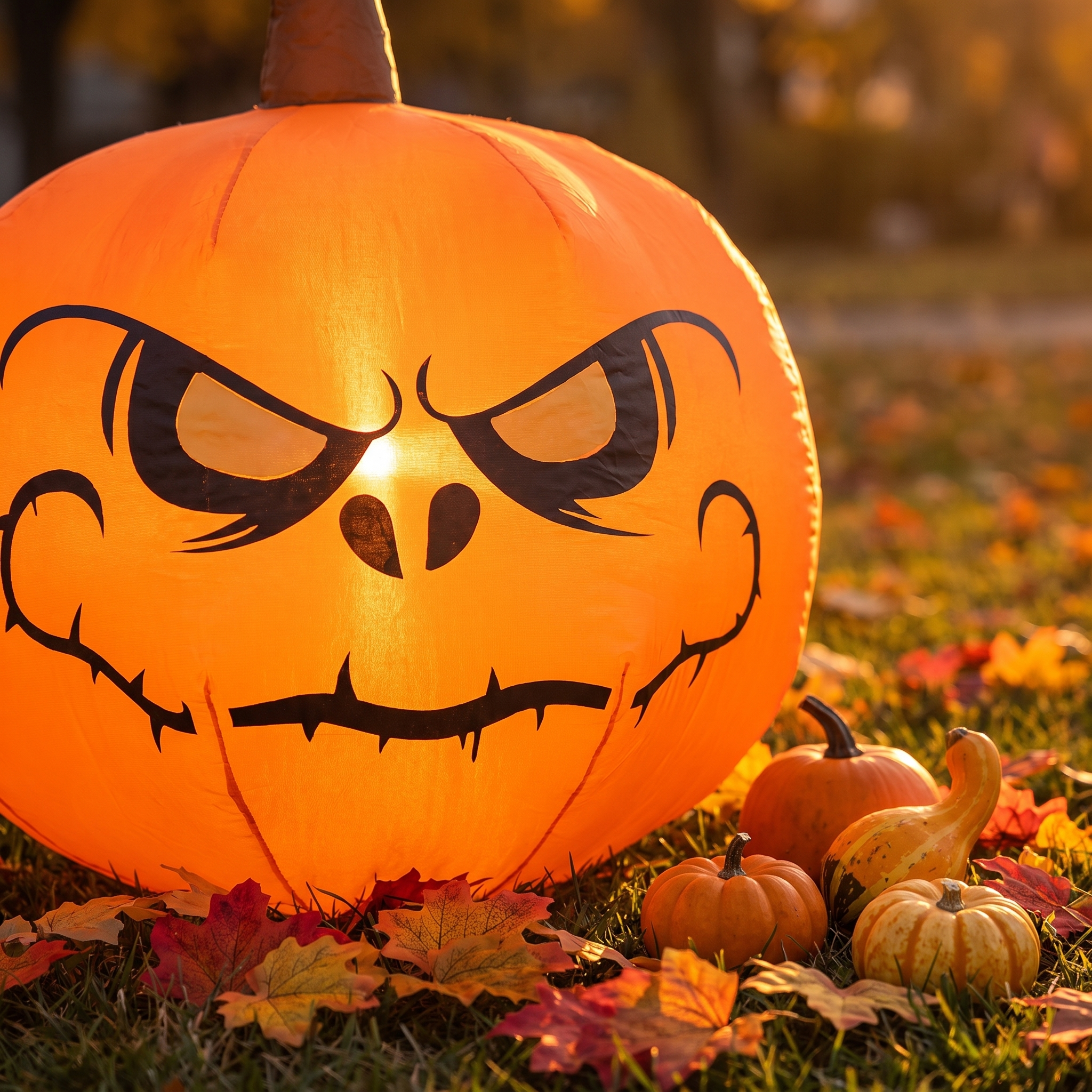 Close-up of the glowing carved face on the 4 ft inflatable pumpkin