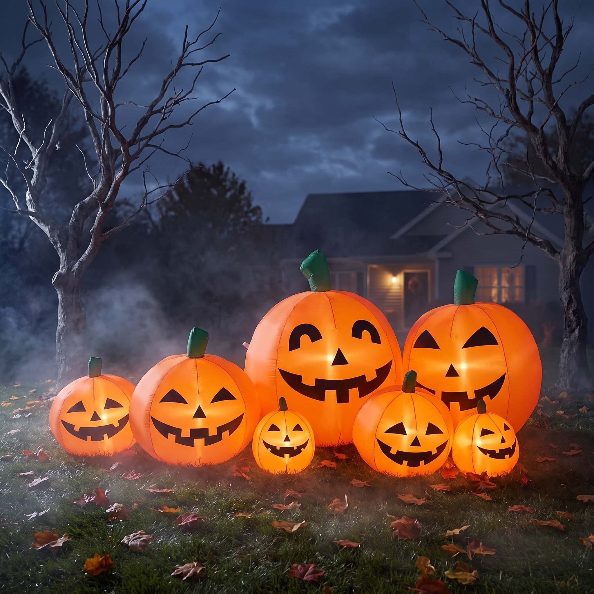 7 ft inflatable pumpkins glowing on a front lawn at night