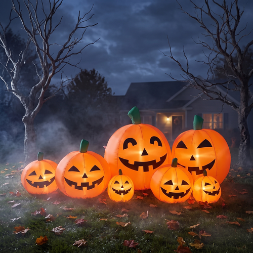 7 ft inflatable pumpkins glowing on a front lawn at night