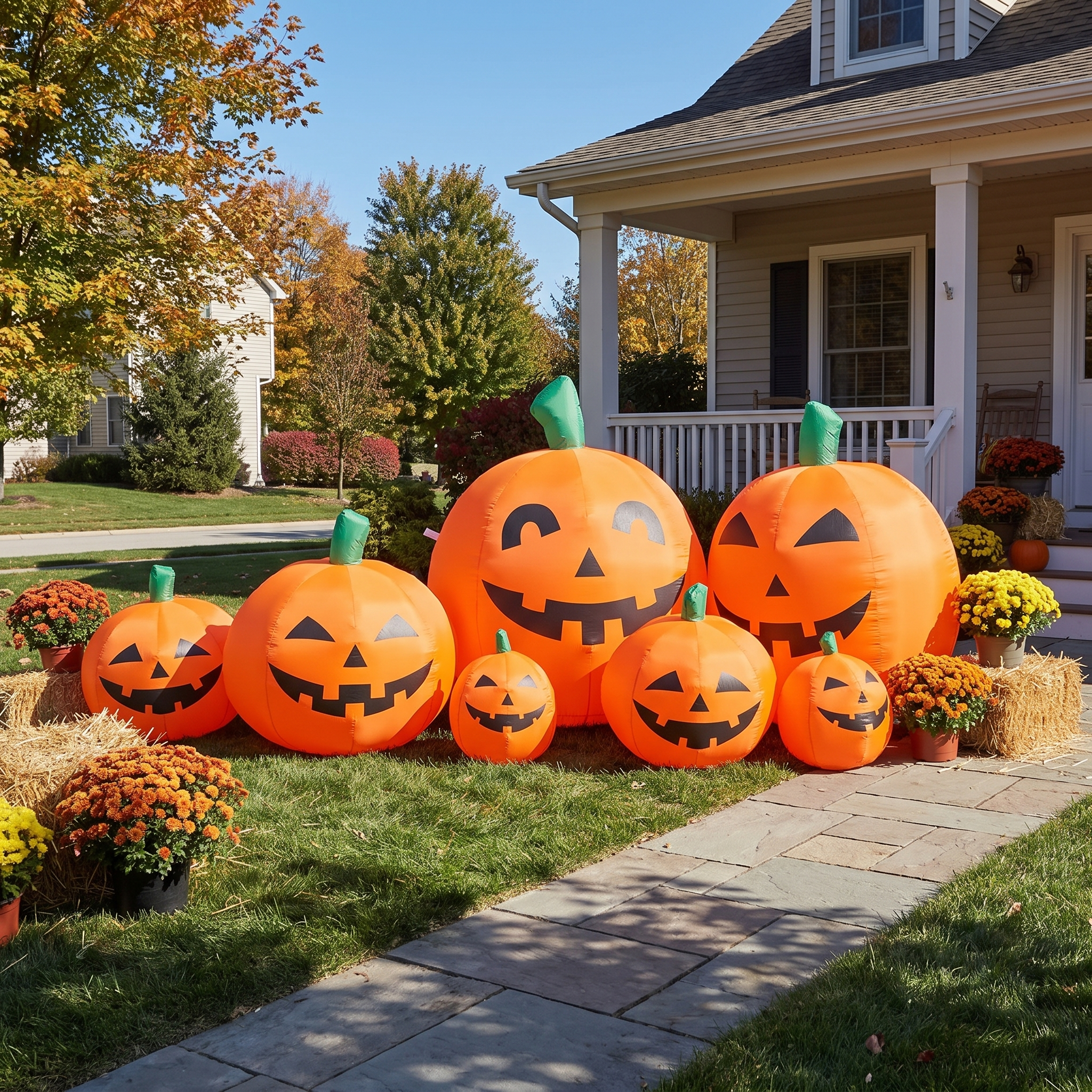 7 ft inflatable pumpkins shown full size on a front lawn in daylight