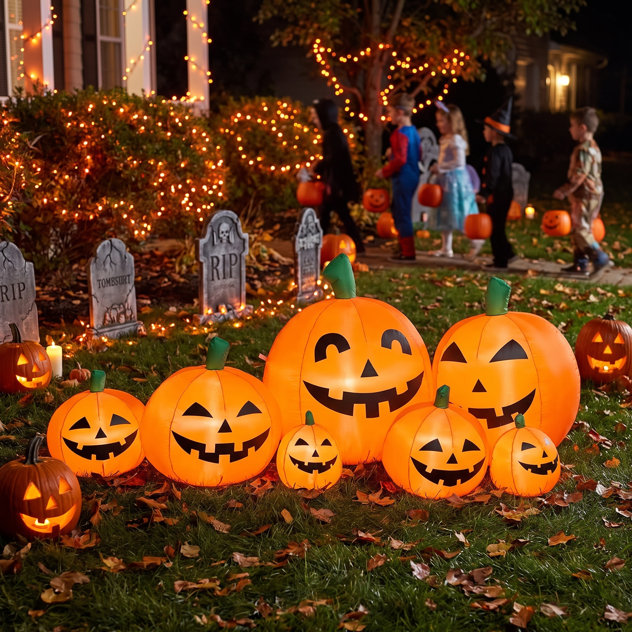 Connected inflatable pumpkins glowing at night in a decorated Halloween yard