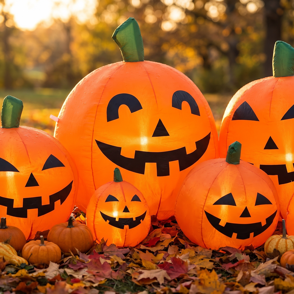 Close-up of the glowing carved faces on the connected inflatable pumpkins
