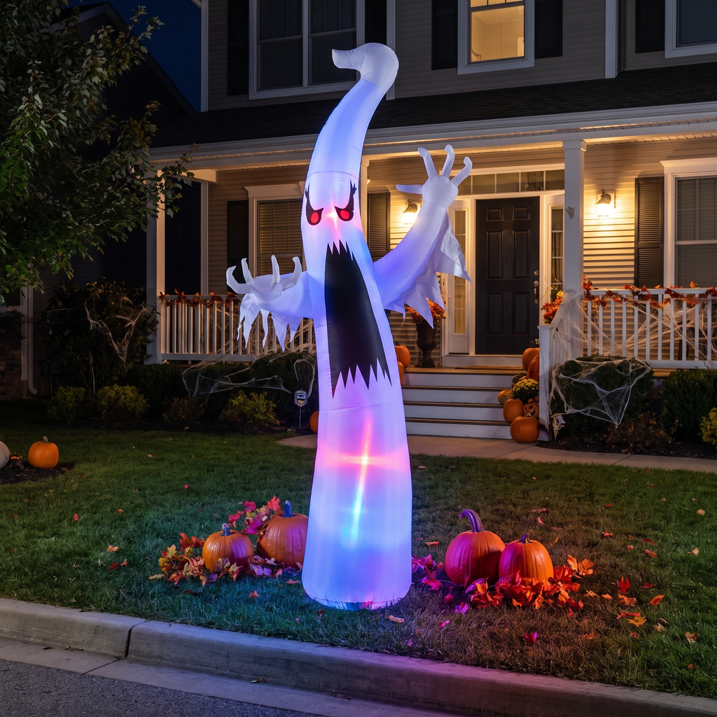 Red-eye ghost inflatable lit up on a front lawn at night