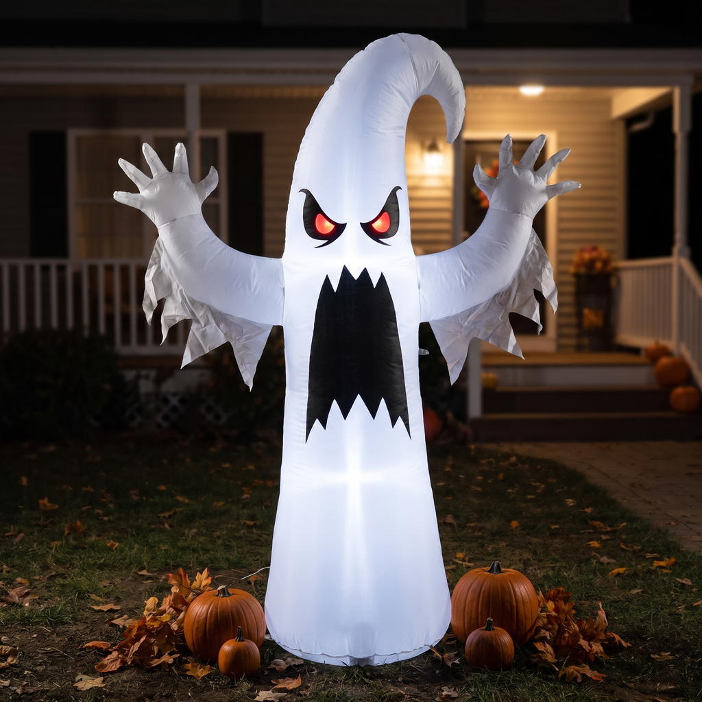 Red-eye ghost inflatable beside a decorated front porch