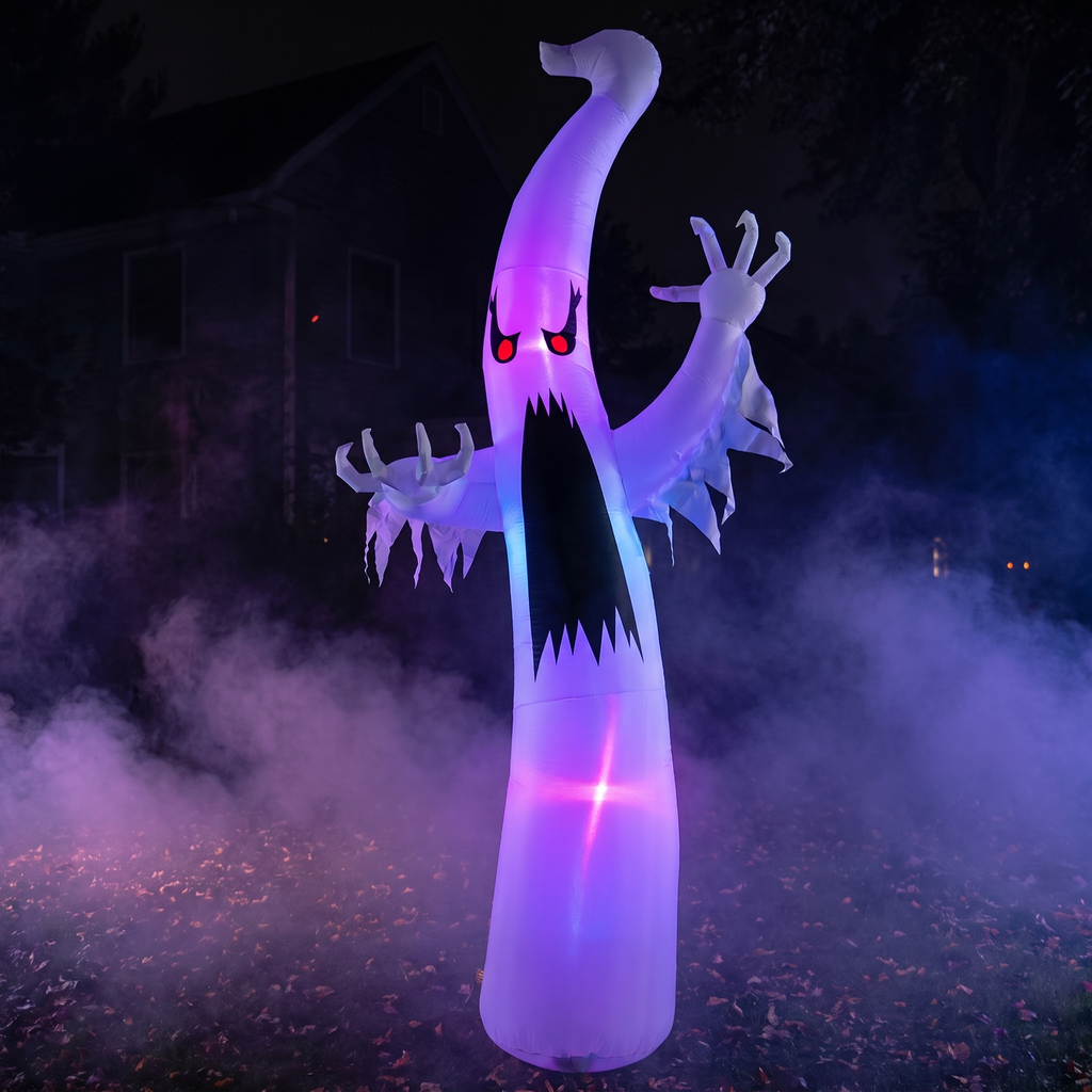 Close-up of the glowing red eyes on the ghost inflatable