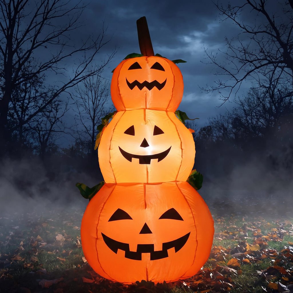 4 ft inflatable stacked pumpkin tower glowing on a front lawn at night