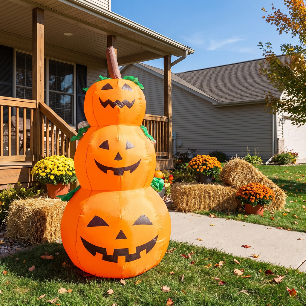 Stacked pumpkin tower shown full size beside a front porch in daylight