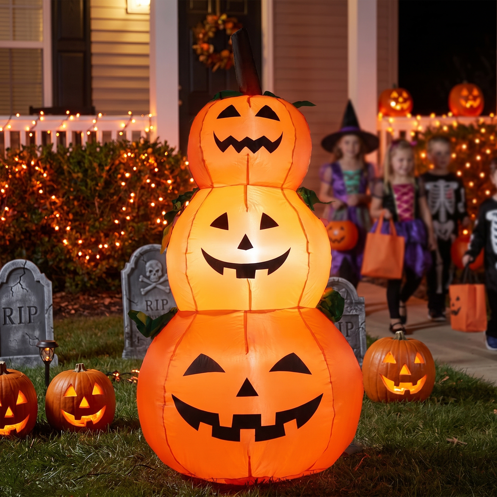 Stacked inflatable pumpkins glowing at night in a decorated Halloween yard