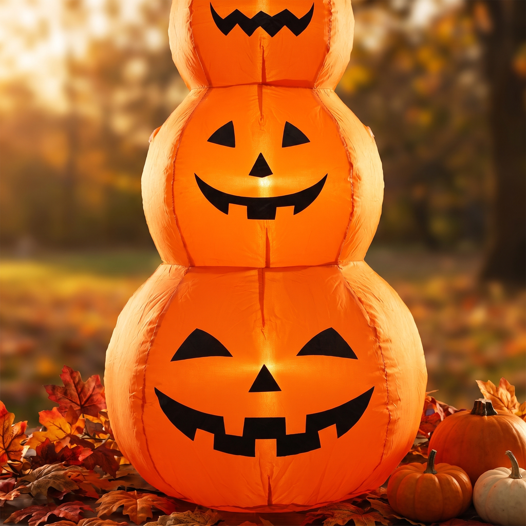 Close-up of the glowing carved faces on the stacked pumpkin tower