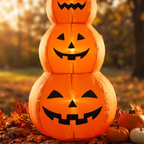 Close-up of the glowing carved faces on the stacked pumpkin tower
