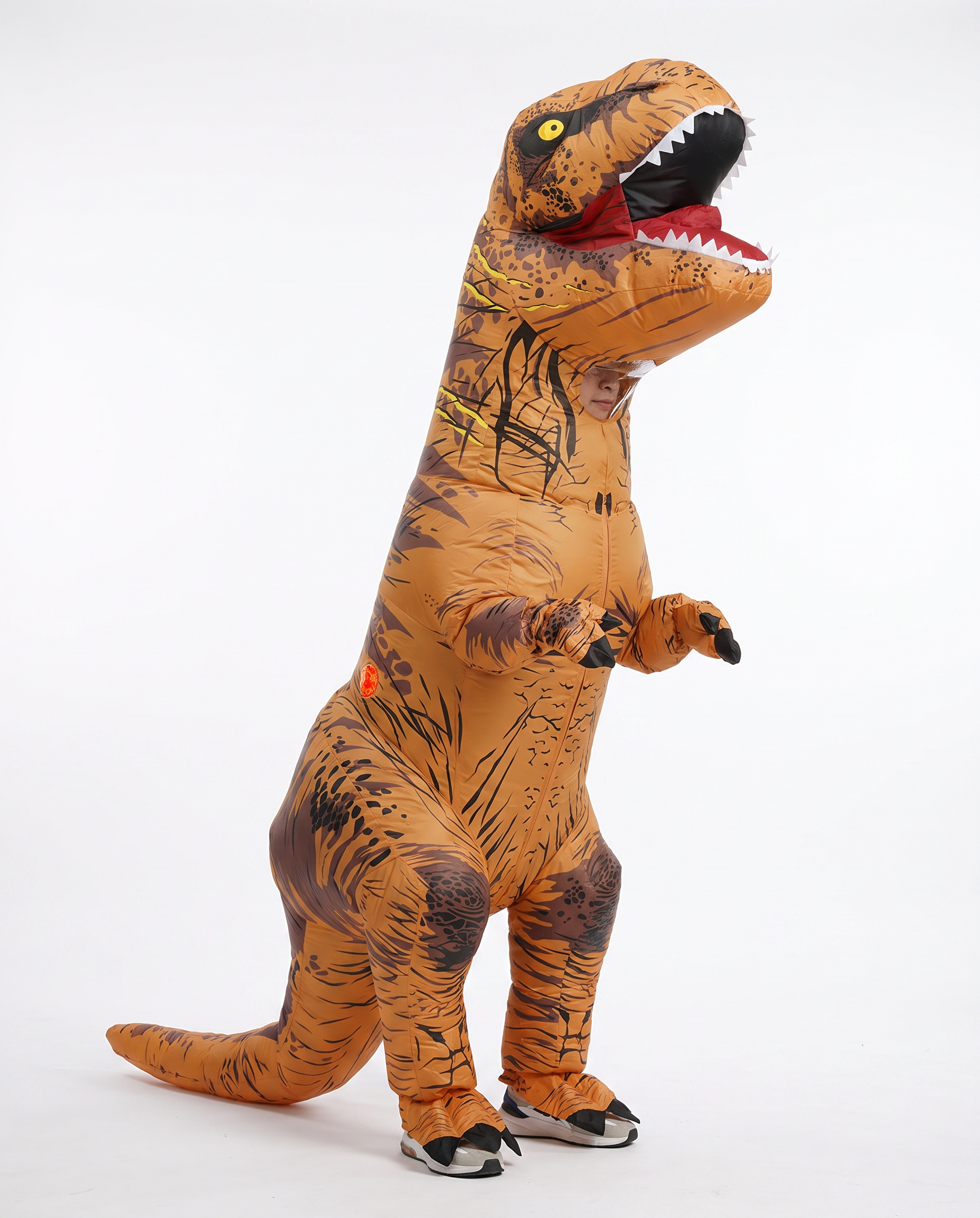 Adult wearing a brown inflatable T-Rex dinosaur costume, front view