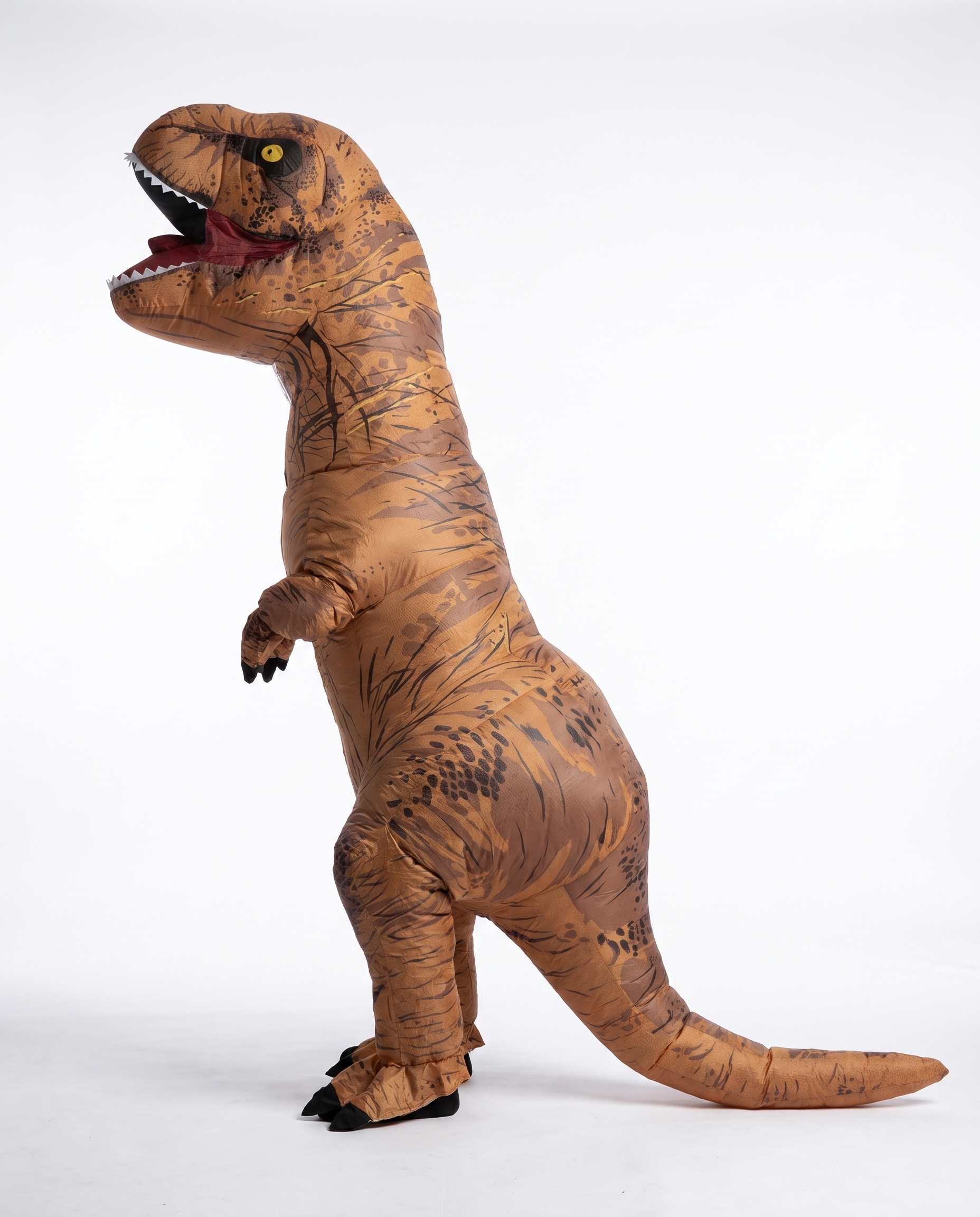 Inflatable T-Rex costume side profile with the tail