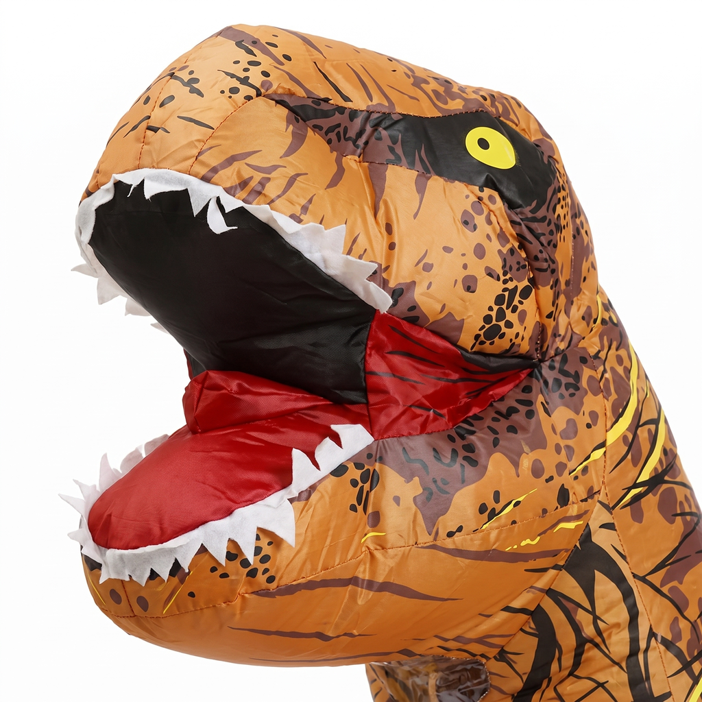 Inflatable T-Rex costume head detail with open mouth and teeth