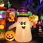 Wizard ghost inflatable beside a decorated front porch