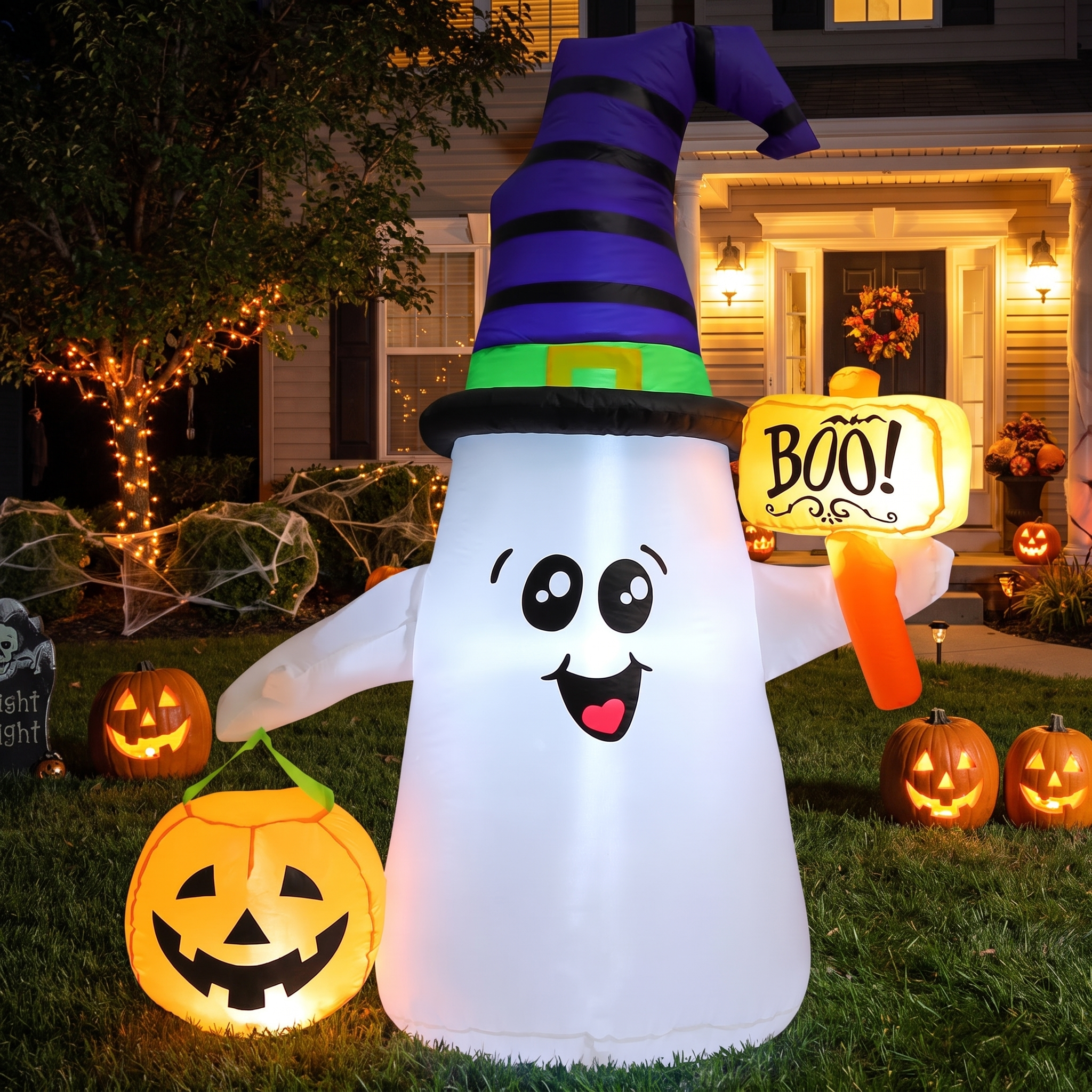 Wizard ghost inflatable shown full size in a Halloween yard display