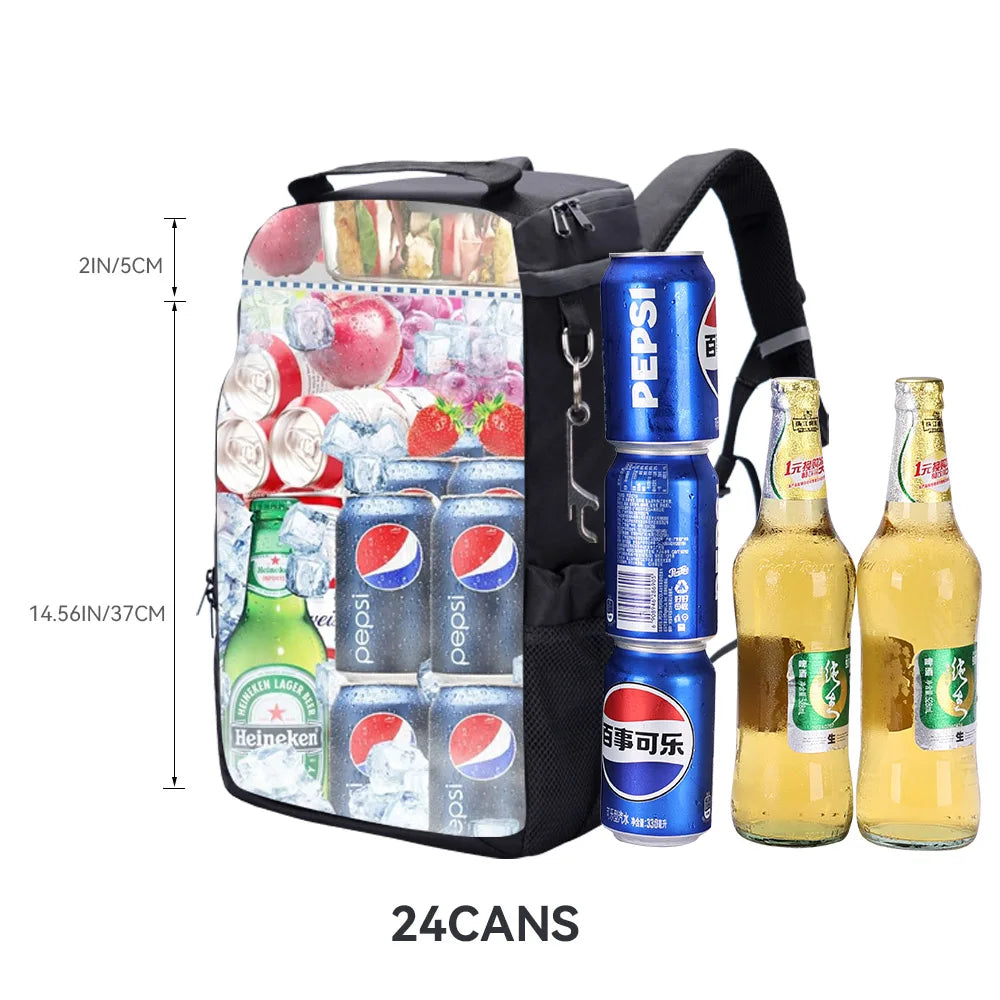 Insulated cooler backpack packed with food and drinks