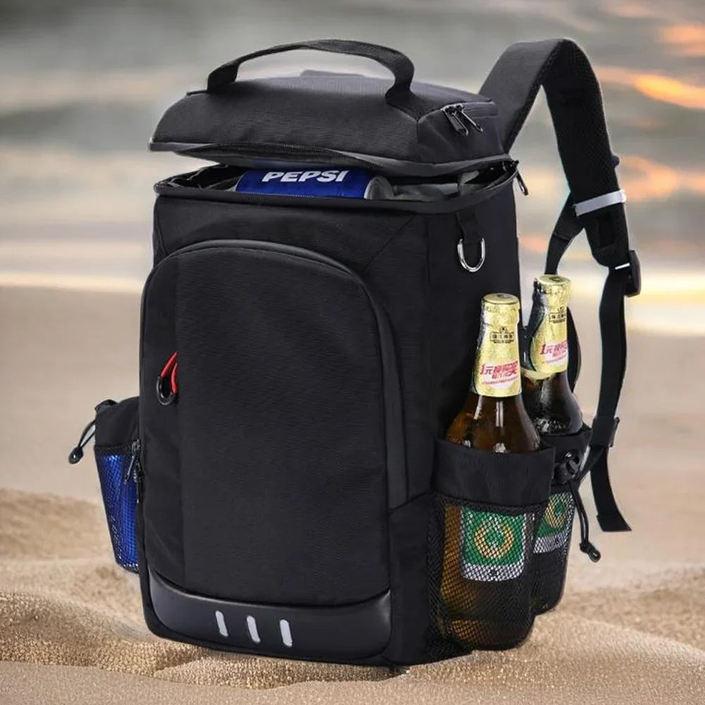Insulated cooler backpack worn outdoors
