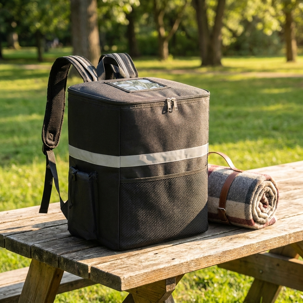 Black Oxford cloth insulated cooler backpack on a wooden picnic table in a sunlit park