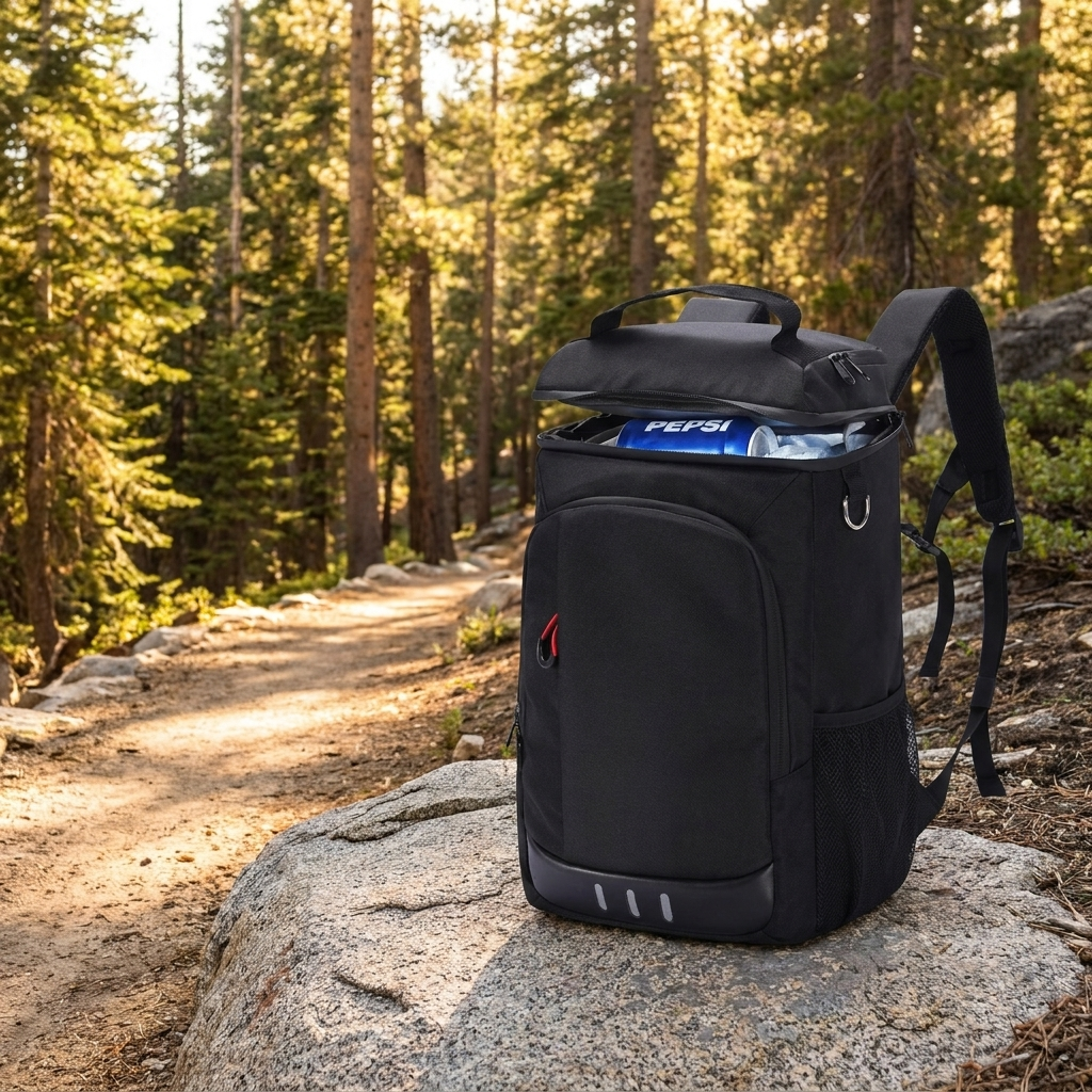 Large capacity 18 inch insulated cooler backpack resting on a rock beside a sunlit hiking trail