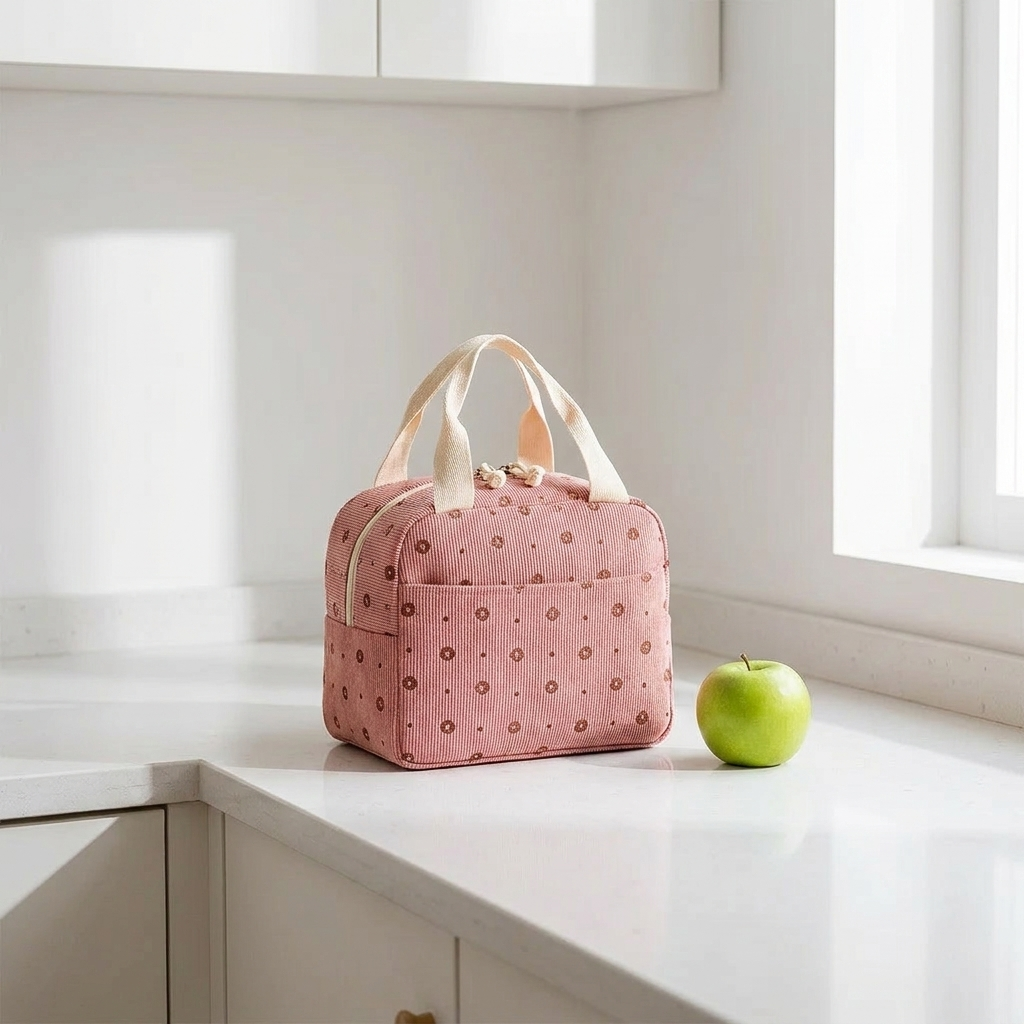 Soft pink insulated lunch bag on a bright white kitchen counter in morning light
